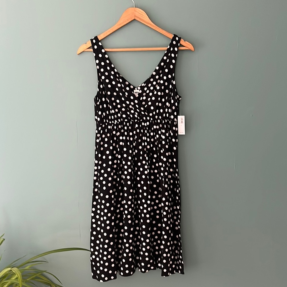 Old Navy Faux Wrap Front Fit and Flare Dress Black and White Polka Dot Sz M